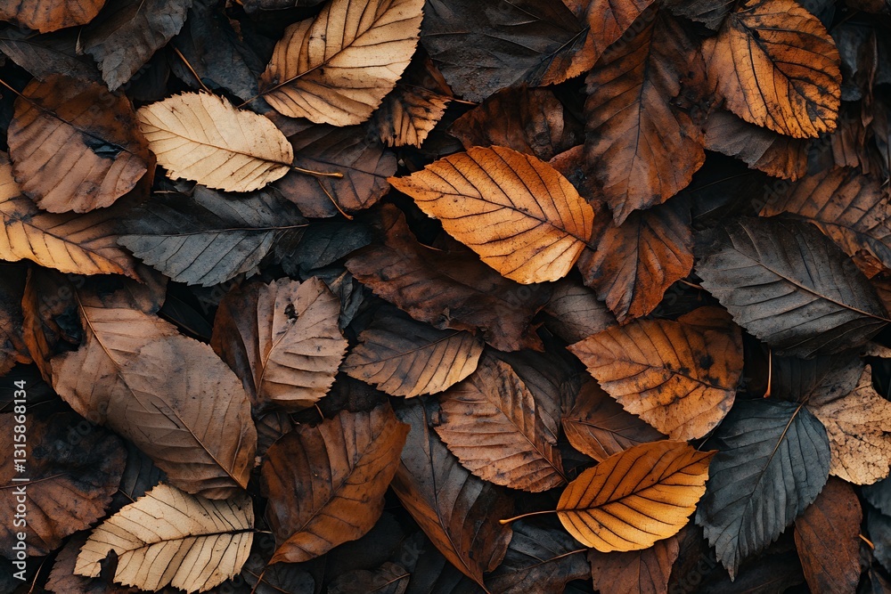 Aufkleber a textured layer of brown and orange leaves covering the ground in an autumn forest setting : genera