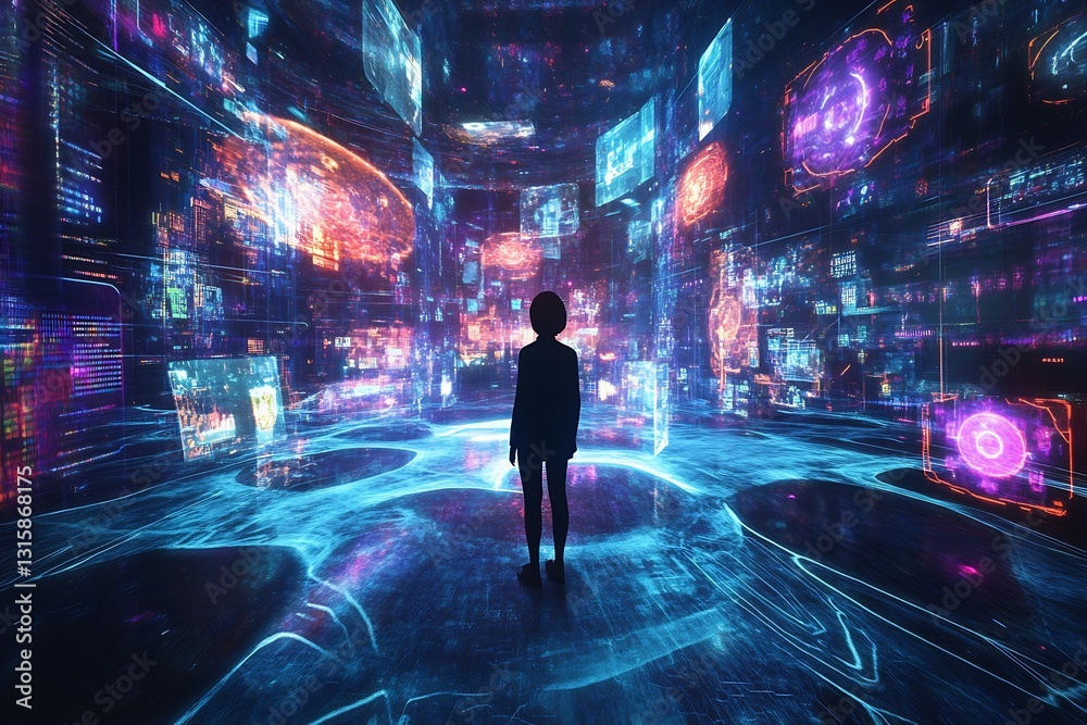 Poster Exploring a Digital Universe with Vivid Light and Data Visualization Effects in a Futuristic Setting : Generative AI