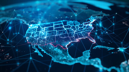 Digital map of united states, American global network and connectivity, data transfer and cyber technology