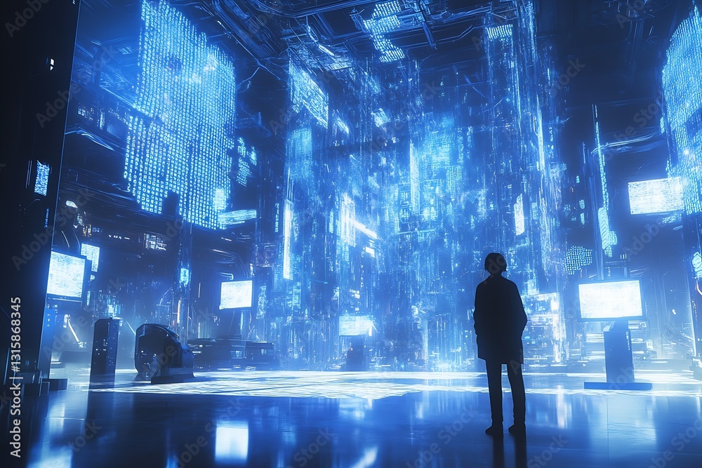 Poster High-tech space with a silhouette surrounded by glowing data screens and futuristic elements : Generative AI