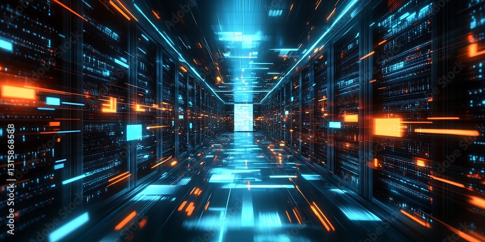 Poster futuristic data center corridor featuring high-speed technology and neon lights : generative ai