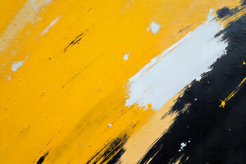 Closeup of colorful yellow and black urban wall texture with white white paint stroke. Modern pattern for design. Creative urban city background.