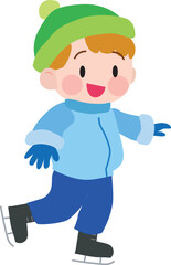 Illustration of a boy in winter clothes ice skating. Cute, simple, fun. Vector illustration.