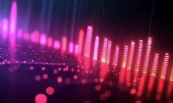 Abstract digital visualization of data points and audio waveforms, displayed in vibrant pink and red hues