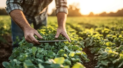 Farmer examining crops with tablet, field, sunlight. Possible use Agricultural technology