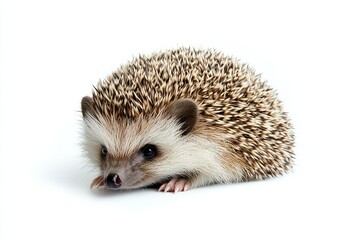 Obraz premium Cute hedgehog rolling slightly to one side, isolated on white.