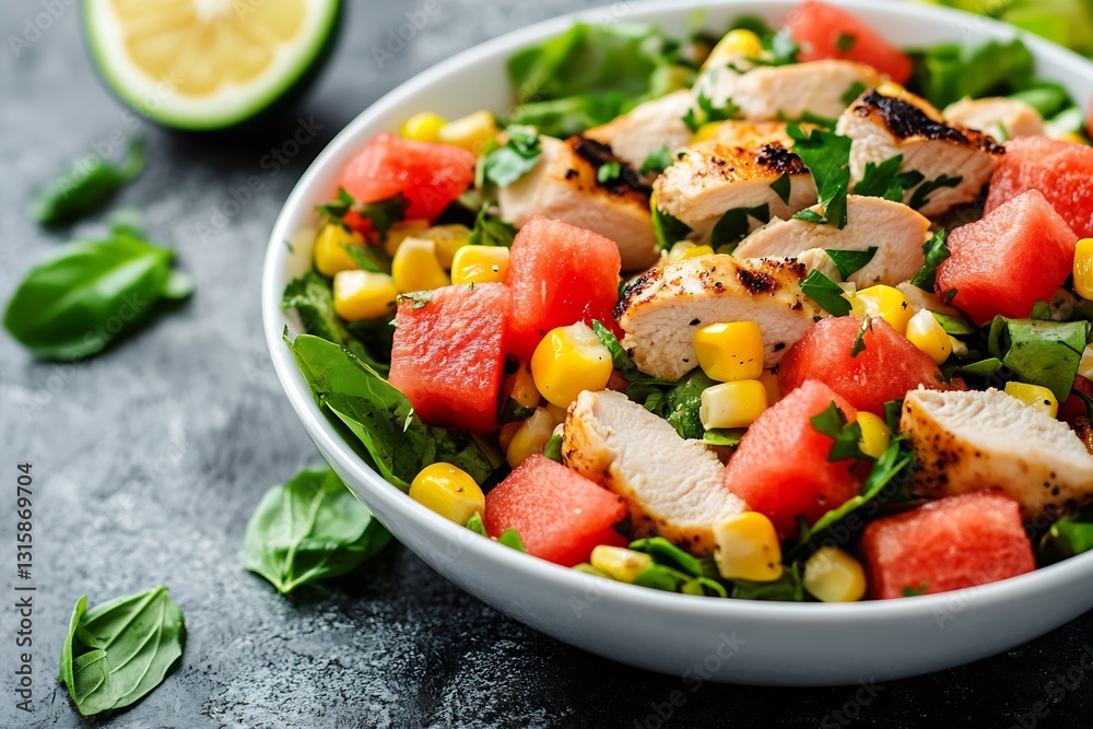 Aufkleber colorful chicken watermelon and corn salad with spinach and lime accents for a refreshing summer cul