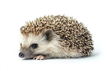 Cute hedgehog rolling slightly to one side, isolated on white.