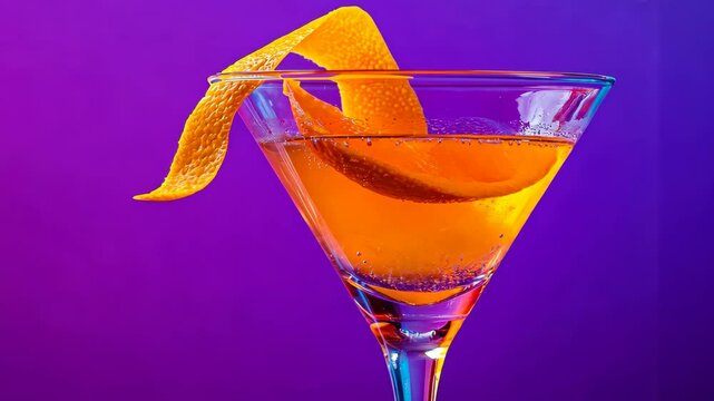 Sipping a vibrant cocktail with orange peel garnish against a colorful backdrop, Closeup of cocktail with orange peel garnish in glass against purple background