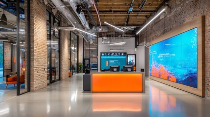 Modern, industrial-style lobby with vibrant orange reception desk and large display wall