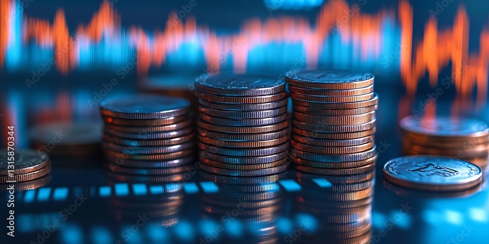 Poster piles of coins with an abstract financial graph illustrating market trends and investment growth : g