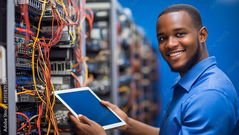 Fototapete smiling black man with a tablet in a colorful server environment showcasing his skills : generative 