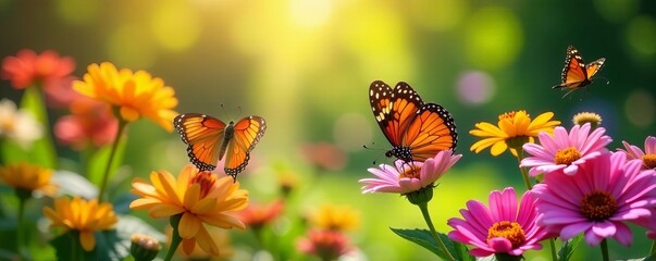 Obraz premium Bright flowers and colorful butterflies in a sunlit garden, nature, sunny