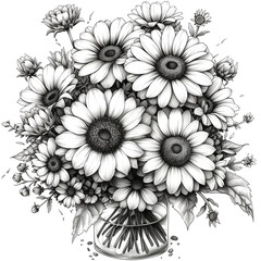 Bouquet of white flowers in a glass vase. The flowers are arranged in a way that they look like they are in a bouquet. The vase is placed on a white background