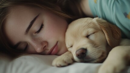 Sleeping girl cuddling puppy cozy bedroom photography soft lighting close-up heartwarming bond
