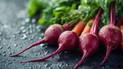 Fresh beets and carrots on dark surface, glistening with water droplets. Perfect for healthy eating, recipes, or agricultural concepts.