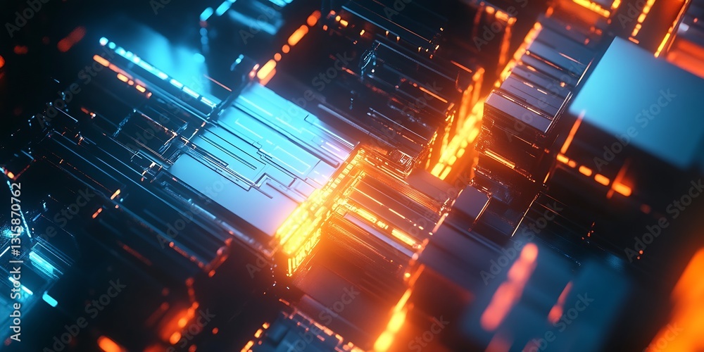 Poster intricate digital circuitry design with glowing lights in blue and orange representing technology an