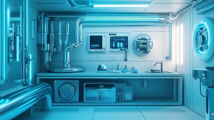 Obraz premium Futuristic lab with equipment & devices for bright neon lighting, minimalist interior design.