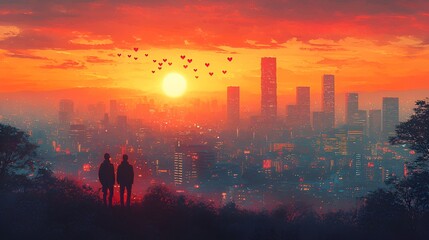 Fototapeta premium City skyline sunrise silhouettes. Lovers watch dawn. Possible use stock photo