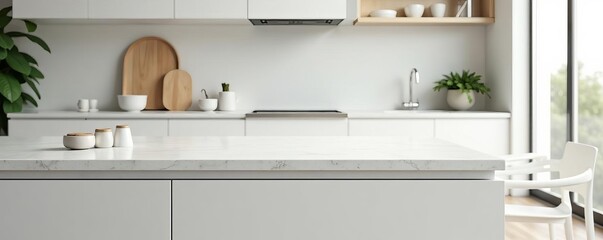 Close up of a white kitchen island with minimalistic countertops and minimalist decor, scandinavian, neutral