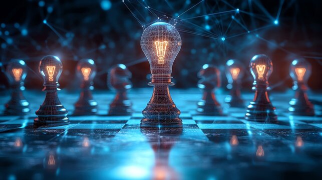 A creative chessboard with glowing pawn pieces and a bulb pawn symbolizing strategic thinking and innovation.