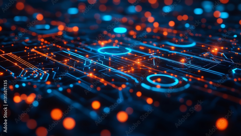 Aufkleber close-up view of a futuristic circuit board illuminated by dynamic orange and blue light particles :