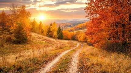 Naklejka premium Winding Path Through Vibrant Autumn Landscape With Sunset Over Hills and Trees in Golden Hour Light