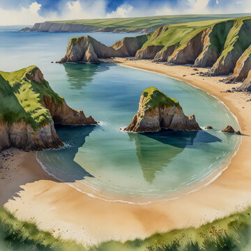 watercolor of Barafundle Bay, with its pristine sandy beach framed by rugged cliffs and crystal-clear waters