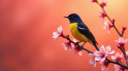 Fototapeta premium A vibrant yellow and black bird delicately perched on a blossoming branch, showcasing the beauty of springtime