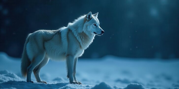 Majestic Arctic Wolf Standing in a Snowy Landscape Under a Deep Blue Twilight Sky