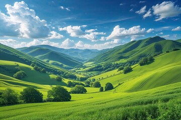 Naklejka premium Lush Green Hills Beneath Boundless Blue Skies � Inspiring Summer Landscape Composition