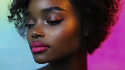 Fototapeta premium Beautiful model with bright pink lips showing a captivating headshot under dramatic side light against an abstract gradient background