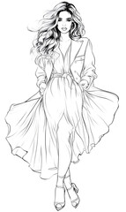 Fototapeta premium Woman is wearing a white dress and is standing with her arms outstretched. The dress is long and flowing, and the woman's hair is styled in a way that accentuates her long, wavy locks
