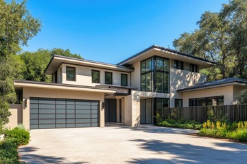 New, modern construction home in the Pacific Northwest, with a grey and tan color scheme and black accents.