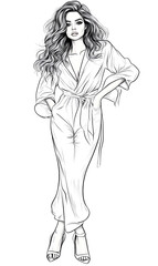 Woman in a white dress is posing for a drawing. She is wearing high heels and has her hands in her pockets. The drawing is in black and white and the woman is the main focus