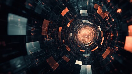 Obraz premium Glowing digital tunnel with abstract shapes and a futuristic backdrop.