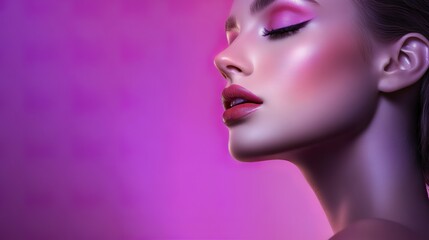 Beautiful model with bright pink lips showing a captivating headshot under dramatic side light against an abstract gradient background