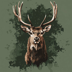 Graphic deer with majestic antlers on a textured green background