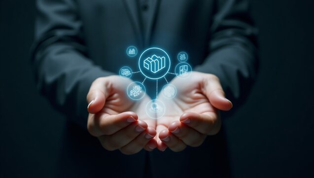 A steady hand, with medium-toned skin and defined fingers, grasps a variety of digital icons that float above the palm, suspended in mid-air, on a rich, dark blue background that evokes a sense of pro