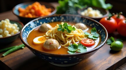 Savory Noodle Soup with Meatballs, Soft Boiled Egg, and Fresh Herbs in a Vibrant Bowl