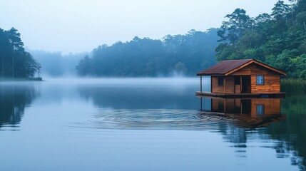 Fototapeta premium Serene Wooden Cabin on Still Lake Surrounded by Misty Forest