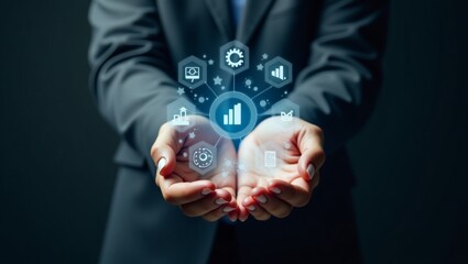 A steady hand, with medium-toned skin and defined fingers, grasps a variety of digital icons that float above the palm, suspended in mid-air, on a rich, dark blue background that evokes a sense of pro