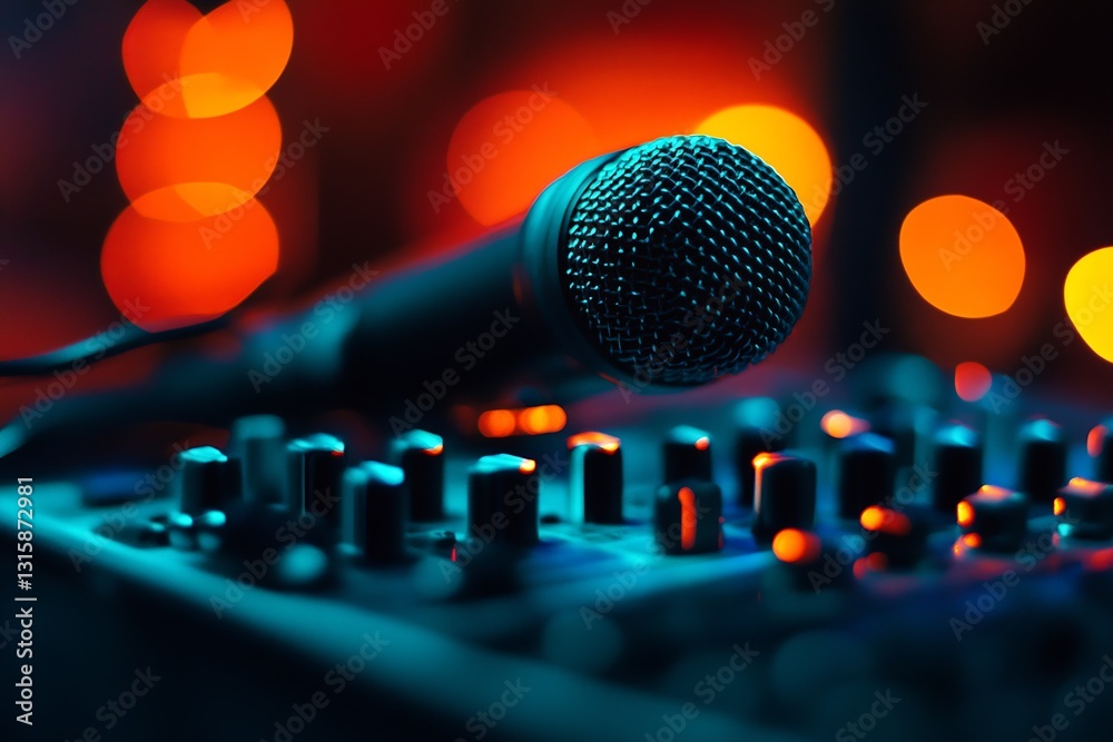 Aufkleber Dynamic close up of a microphone on a professional audio mixer with colorful bokeh lights in the background : Generative AI