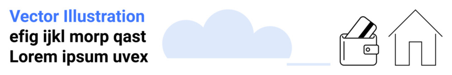 Wallet containing cards, a house outline, and a cloud beside text in black and blue. Ideal for financial services, property management, digital transactions, home ownership, cloud storage, online