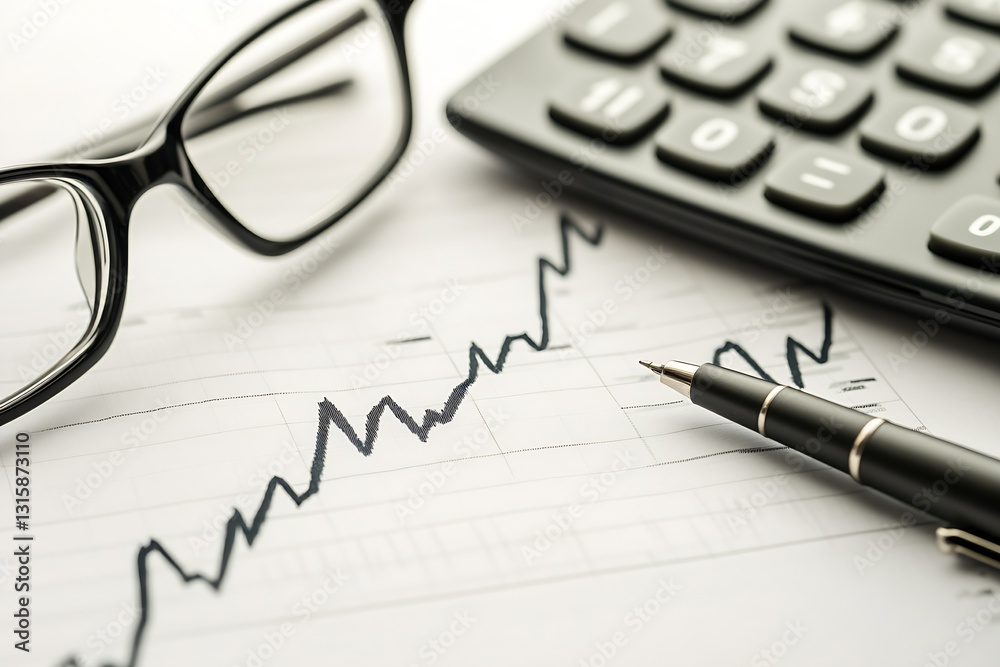 Poster market trend graph displayed on paper with financial tools including calculator and pen : generative