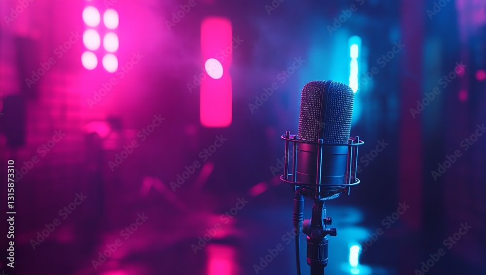 Aufkleber stylish microphone on stage with colorful lights creating a vibrant music atmosphere : generative ai