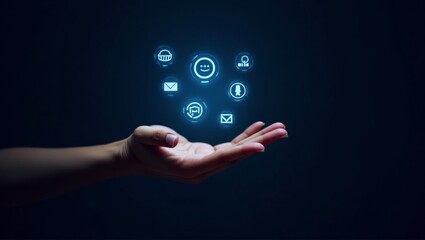 A steady hand, with medium-toned skin and defined fingers, grasps a variety of digital icons that float above the palm, suspended in mid-air, on a rich, dark blue background that evokes a sense of pro