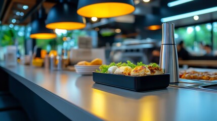 Fototapeta premium Modern Restaurant Interior with Food Plated on a Stylish Counter