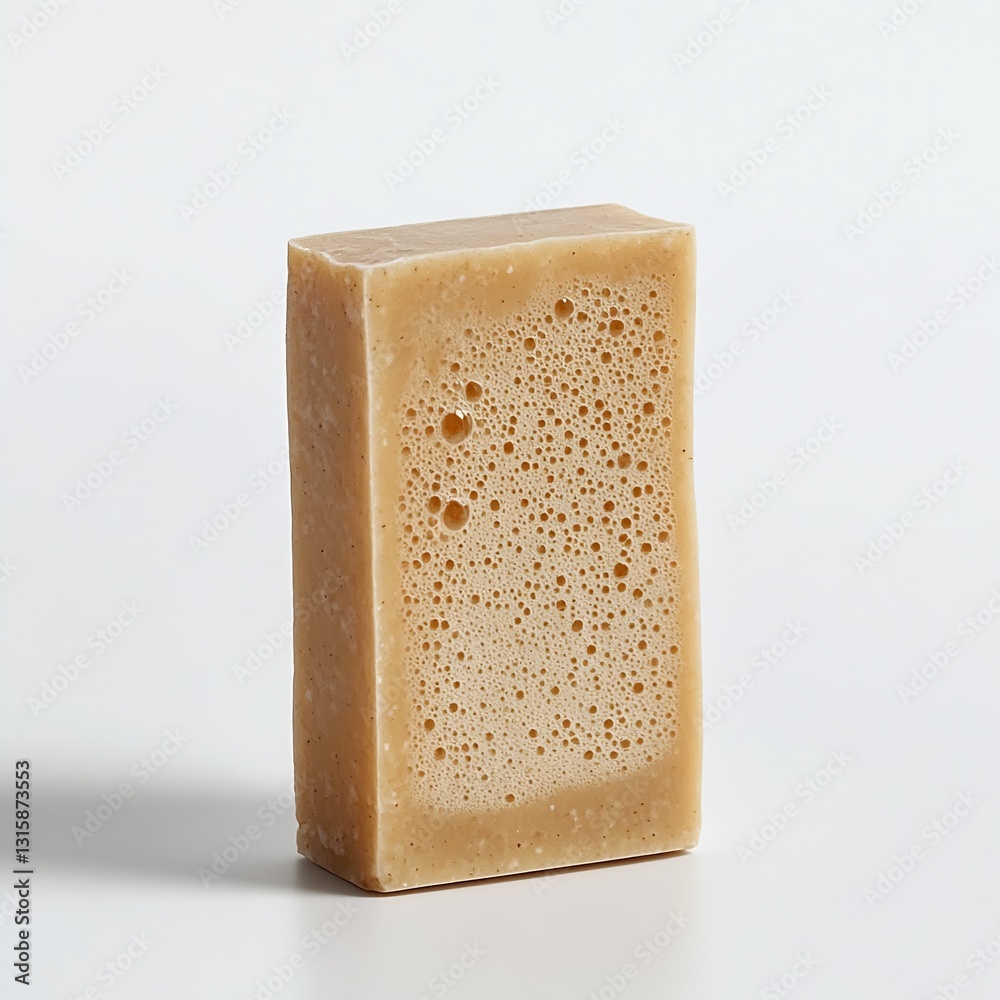 Poster Artisan soap bar displaying interesting holes and bubbles emphasizing unique textures in organic skincare : Generative AI