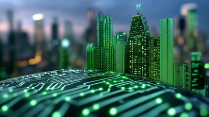 Futuristic Cityscape with Digital Circuit Board Overlay at Night